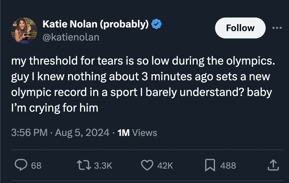 screenshot - Nat Katie Nolan probably my threshold for tears is so low during the olympics. guy I knew nothing about 3 minutes ago sets a new olympic record in a sport I barely understand? baby I'm crying for him . 1M Views 68 42K 488